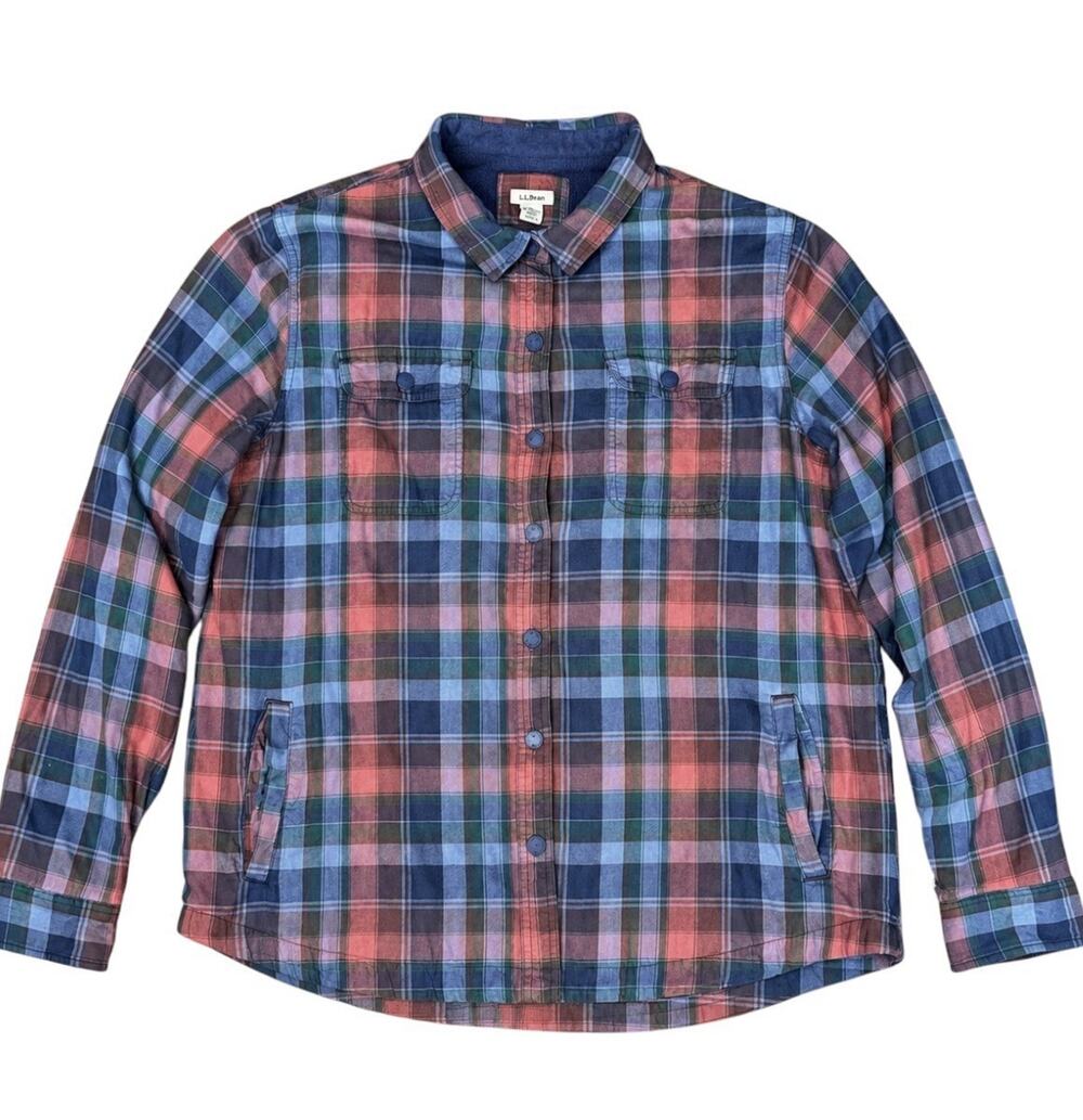 LL Bean Fleece Lined Flannel Shirt Jacket Womens XL Plaid Snap Front
